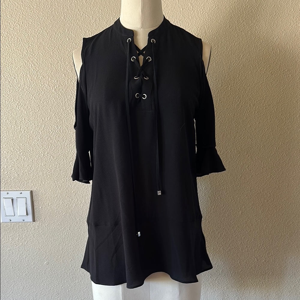 MICHAEL Michael Kors Black Cold Shoulder Top with Lace-Up Front